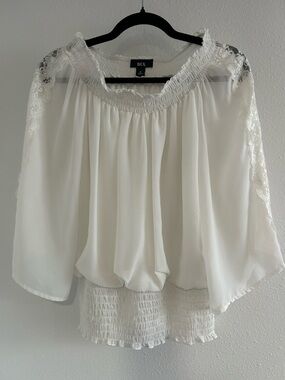 BCX White Smocked Off-Shoulder Lace Blouse